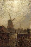 Walter Moras A figure crossing a bridge over a Dutch waterway by moonlight France oil painting artist